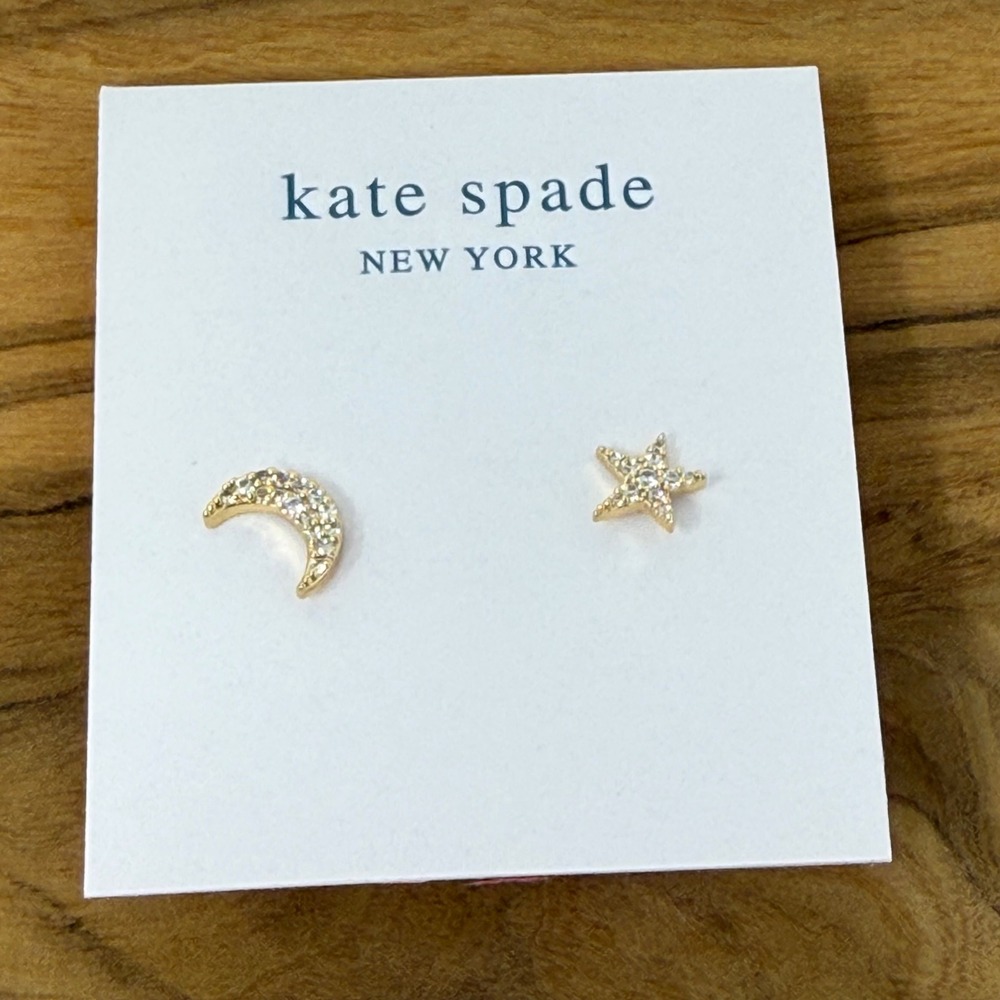 Kate Spade Moon Star Stud Earrings Gold Pave Crystal Celestial Whimsical Dainty